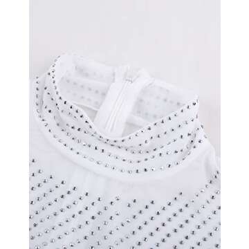Lrady Women White Mock Neck Sleeveless Rhinestone Bodysuit Tops Thong Shirts s