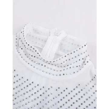 Lrady Women White Mock Neck Sleeveless Rhinestone Bodysuit Tops Thong Shirts s
