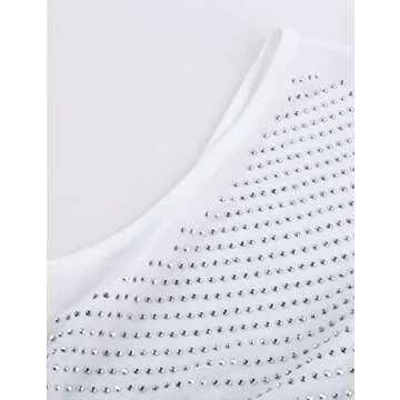 Lrady Women White Mock Neck Sleeveless Rhinestone Bodysuit Tops Thong Shirts s
