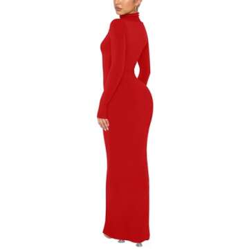 REORIA Women's Sexy Casual Mock Turtleneck Long Sleeve Elegant Long Dress Fall Wedding Guest Tight Ribbed Lounge Bodycon Maxi Dresses Red Small