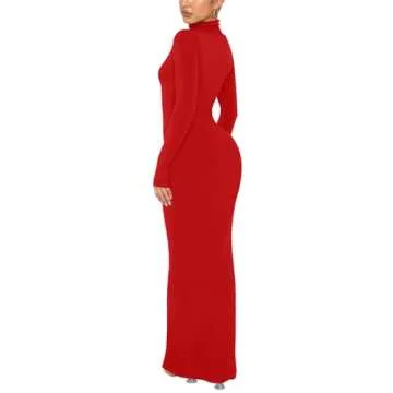 REORIA Women's Sexy Casual Mock Turtleneck Long Sleeve Elegant Long Dress Fall Wedding Guest Tight Ribbed Lounge Bodycon Maxi Dresses Red Small