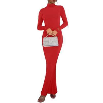 REORIA Women's Sexy Casual Mock Turtleneck Long Sleeve Elegant Long Dress Fall Wedding Guest Tight Ribbed Lounge Bodycon Maxi Dresses Red Small