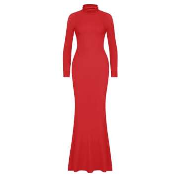 REORIA Women's Sexy Casual Mock Turtleneck Long Sleeve Elegant Long Dress Fall Wedding Guest Tight Ribbed Lounge Bodycon Maxi Dresses Red Small