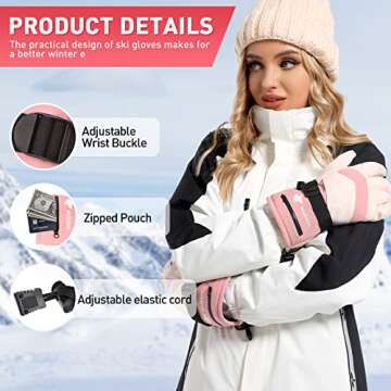 WOLFILIST Ski Gloves Waterproof Windproof - 3M Thinsulate Insulated Warm Snow Gloves, Snowboard Gloves with Zipper Pocket, Touchscreen Winter Gloves for Men Women (Pink,Medium)