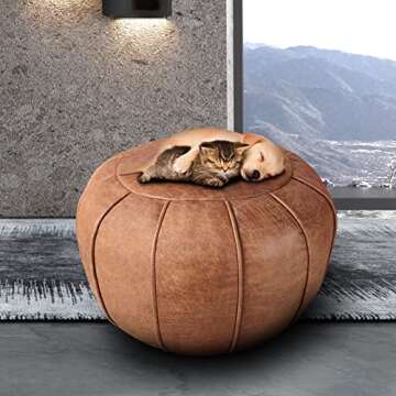 Louis Donné Unstuffed Moroccan Ottoman Pouf Cover with Waterproof Handmade Faux Decor Storage Solution for Kid Toy Footstool Pouffe Cover Replacement Balcony Indoor 21dia Chestnut Brown, ONLY Cover