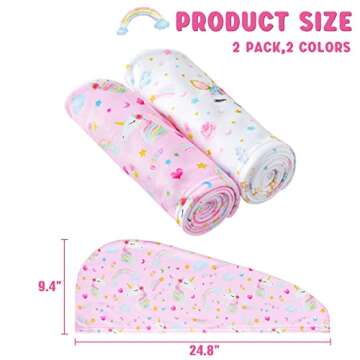 2 Pack Kids Microfiber Hair Drying Towel Girls Hair Drying Wrap Rapid Drying Hair Towel Wrap Unicorn Hair Drying Towel with Button for Women Girls Hair Turban for Wet Hair Wraps