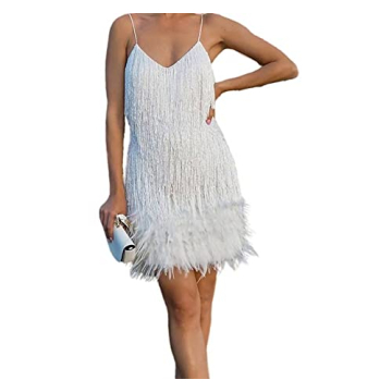 Yanfoam Women's Sequin & Fringe V Neck Dress for Parties
