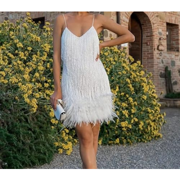 Yanfoam Women's Sequin & Fringe V Neck Dress for Parties