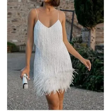 Yanfoam Women's Sequin & Fringe V Neck Dress for Parties