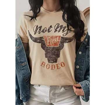 Not My First Rodeo Steer Skull T-Shirt Tee Women Casual Country Music Short Sleeve Tops（Light Yellow，Small）