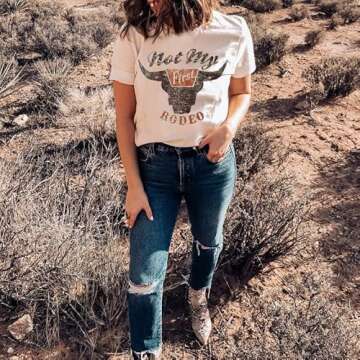 Not My First Rodeo Steer Skull T-Shirt Tee Women Casual Country Music Short Sleeve Tops（Light Yellow，Small）