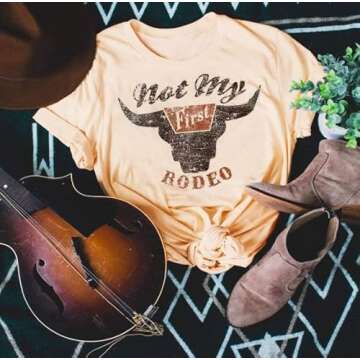 Not My First Rodeo Steer Skull T-Shirt Tee Women Casual Country Music Short Sleeve Tops（Light Yellow，Small）