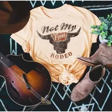 Not My First Rodeo Steer Skull T-Shirt Tee Women Casual Country Music Short Sleeve Tops（Light Yellow，Small）