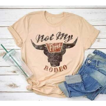 Not My First Rodeo Steer Skull T-Shirt Tee Women Casual Country Music Short Sleeve Tops（Light Yellow，Small）