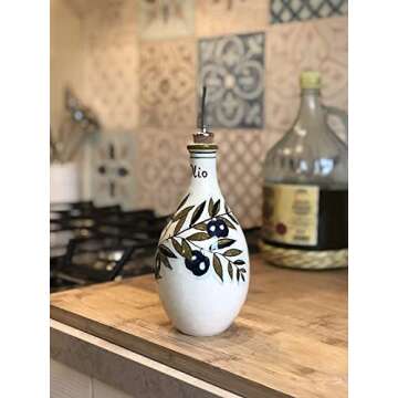 CERAMICHE D'ARTE PARRINI - Italian Ceramic Art Pottery Dispenser Oil Cruet Bottle Without Handle Hand Painted Decorated Olives Country Made in ITALY Tuscan