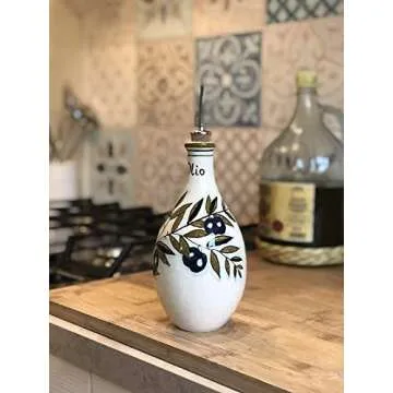CERAMICHE D'ARTE PARRINI - Italian Ceramic Art Pottery Dispenser Oil Cruet Bottle Without Handle Hand Painted Decorated Olives Country Made in ITALY Tuscan