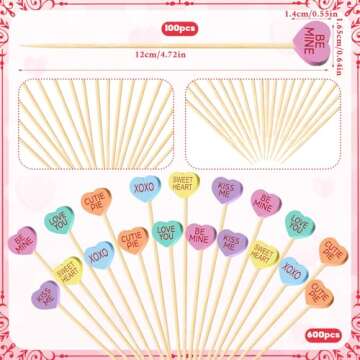 Maxcheck 600 Pcs Valentine's Day Cocktail Picks 4.7" Assorted conversation Hearts Bamboo Toothpicks Food Skewers for Appetizers Fruit Sticks for Party Decoration, 6 Styles(Heart)