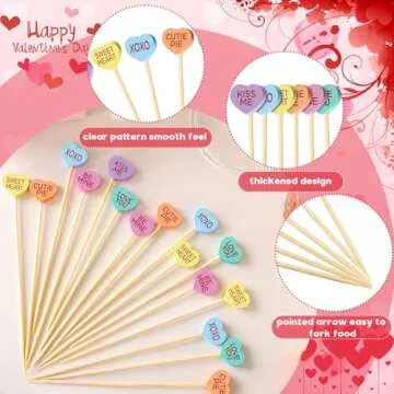 Maxcheck 600 Pcs Valentine's Day Cocktail Picks 4.7" Assorted conversation Hearts Bamboo Toothpicks Food Skewers for Appetizers Fruit Sticks for Party Decoration, 6 Styles(Heart)