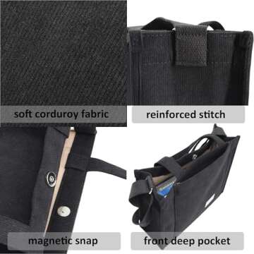 UERRUAM Corduroy Tote Bag for Women Work Crossbody Purse for Everyday,College,Travel,Lightweight Handbag Adjustable Strap,Small,Black