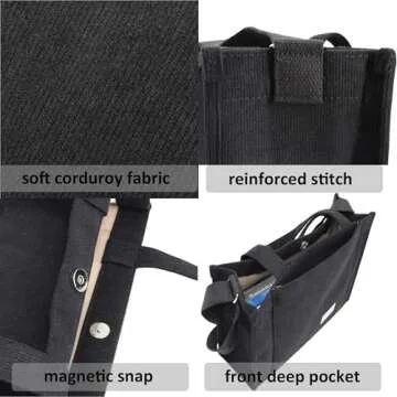 UERRUAM Corduroy Tote Bag for Women Work Crossbody Purse for Everyday,College,Travel,Lightweight Handbag Adjustable Strap,Small,Black