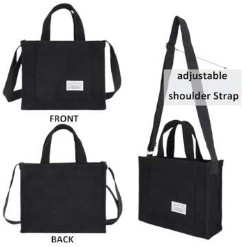 UERRUAM Corduroy Tote Bag for Women Work Crossbody Purse for Everyday,College,Travel,Lightweight Handbag Adjustable Strap,Small,Black