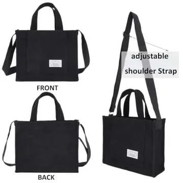 UERRUAM Corduroy Tote Bag for Women Work Crossbody Purse for Everyday,College,Travel,Lightweight Handbag Adjustable Strap,Small,Black