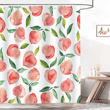 Bonhause Peach Shower Curtain, Allover Fruits Pink Peachy Bathroom Curtain 72x72 Inch Polyester Fabric Waterproof Bath Curtain with 12 Hooks