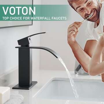 VOTON Black Bathroom Faucets Modern Waterfall Bathroom Sink Faucet Matte Black Single Handle Bathroom Faucet for 1 or 3 Holes with Deck Plate, Rv Sink Camper Farmhouse Bathroom Utility Remodel Faucet