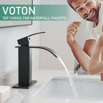 VOTON Black Bathroom Faucets Modern Waterfall Bathroom Sink Faucet Matte Black Single Handle Bathroom Faucet for 1 or 3 Holes with Deck Plate, Rv Sink Camper Farmhouse Bathroom Utility Remodel Faucet