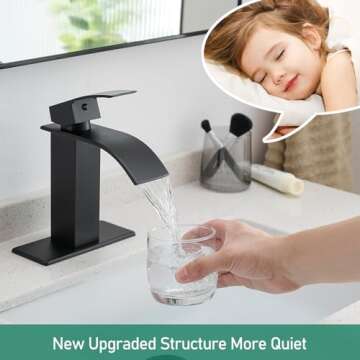 VOTON Black Bathroom Faucets Modern Waterfall Bathroom Sink Faucet Matte Black Single Handle Bathroom Faucet for 1 or 3 Holes with Deck Plate, Rv Sink Camper Farmhouse Bathroom Utility Remodel Faucet