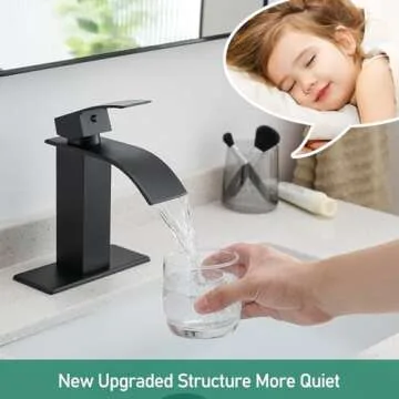 VOTON Black Bathroom Faucets Modern Waterfall Bathroom Sink Faucet Matte Black Single Handle Bathroom Faucet for 1 or 3 Holes with Deck Plate, Rv Sink Camper Farmhouse Bathroom Utility Remodel Faucet