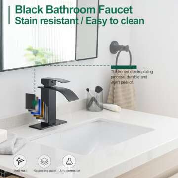 VOTON Black Bathroom Faucets Modern Waterfall Bathroom Sink Faucet Matte Black Single Handle Bathroom Faucet for 1 or 3 Holes with Deck Plate, Rv Sink Camper Farmhouse Bathroom Utility Remodel Faucet