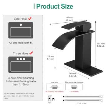 VOTON Black Bathroom Faucets Modern Waterfall Bathroom Sink Faucet Matte Black Single Handle Bathroom Faucet for 1 or 3 Holes with Deck Plate, Rv Sink Camper Farmhouse Bathroom Utility Remodel Faucet