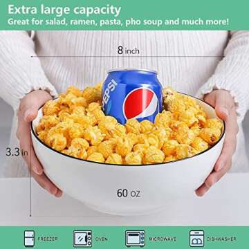 NJCHARMS Large Serving Bowls, 8'' Big Soup Bowl 60OZ Set of 3, White Ceramic Bowl for Kitchen, Pho B...