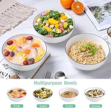 NJCHARMS Large Serving Bowls, 8'' Big Soup Bowl 60OZ Set of 3, White Ceramic Bowl for Kitchen, Pho Bowl for Pasta, Ramen, Soup, Fruit Vegetable, Microwave & Dishwasher Safe