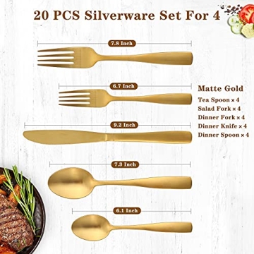 Matte Gold Silverware Set - GIOCOCO 20 PCS Stainless Steel Flatware Sets Thick Cutlery Set Durable Utensils Set Service For 4, Elegant Tableware Set For Home Kitchen and Restaurant, Dishwasher Safe