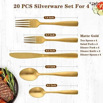 Matte Gold Silverware Set - GIOCOCO 20 PCS Stainless Steel Flatware Sets Thick Cutlery Set Durable Utensils Set Service For 4, Elegant Tableware Set For Home Kitchen and Restaurant, Dishwasher Safe