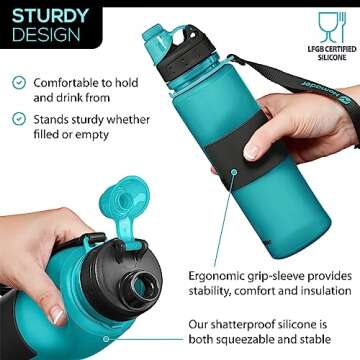 Nomader BPA-Free Collapsible Sports Water Bottle - Foldable with Reusable Leak Proof Twist Cap for Travel Hiking Camping Outdoor and Gym - 22 oz (Aqua Blue)