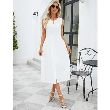 Ladyful Women's V Neck Solid Color Sleeveless Cotton Linen Dress