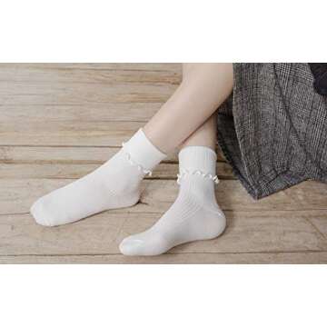 SRYL Women Ankle Socks Ruffle Turn-Cuff,Lovely double needle solid color edge relent Girl socks (Whi...