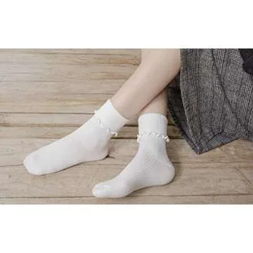 SRYL Women Ankle Socks Ruffle Turn-Cuff,Lovely double needle solid color edge relent Girl socks (Whi...