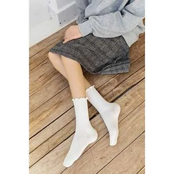 SRYL Women Ankle Socks Ruffle Turn-Cuff,Lovely double needle solid color edge relent Girl socks (White-1 pairs)