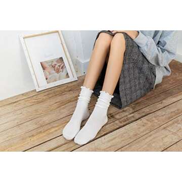 SRYL Women Ankle Socks Ruffle Turn-Cuff,Lovely double needle solid color edge relent Girl socks (White-1 pairs)