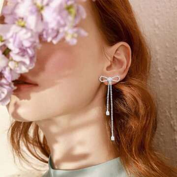 Silver Bow Earrings for Women Sparkle Earrings Long Silver Earrings Dangle Rhinestone Drop Earrings Bling Gold Bowknot Earrings Gold Dangle Earrings