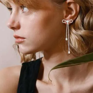 Silver Bow Earrings for Women Sparkle Earrings Long Silver Earrings Dangle Rhinestone Drop Earrings Bling Gold Bowknot Earrings Gold Dangle Earrings