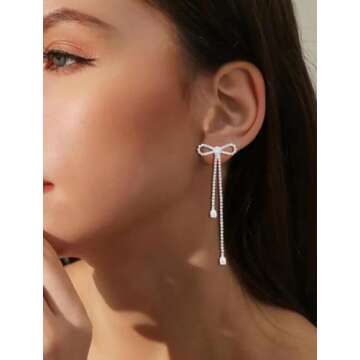 Silver Bow Earrings for Women Sparkle Earrings Long Silver Earrings Dangle Rhinestone Drop Earrings Bling Gold Bowknot Earrings Gold Dangle Earrings