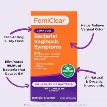 FemiClear (BV Symptoms - Vaginal Ointment for Fishy Odor, Excess Discharge, Itching & Discomfort Due to Bacterial Vaginosis, All-Natural and Organic Ingredients, 2-Day Dose
