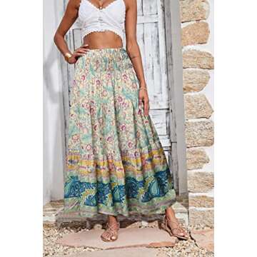 CFLONGE Women's 2024 Bohemian Long Skirts Flowy High Waist A Line Maxi Skirts for Women Summer(Apricot,Small)