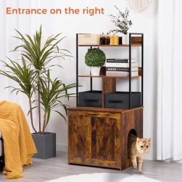 Dwanton Litter Box Enclosure with 2 Storage Shelves and 2 Drawers, 2-in-1 Hidden Cat Litter Box Enclosure Furniture with Shelf, Reversible Entrance, Washable Drawers, 50-Inch, Rustic Brown