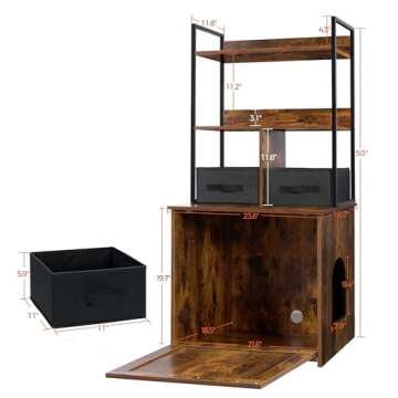 Dwanton Litter Box Enclosure with 2 Storage Shelves and 2 Drawers, 2-in-1 Hidden Cat Litter Box Enclosure Furniture with Shelf, Reversible Entrance, Washable Drawers, 50-Inch, Rustic Brown
